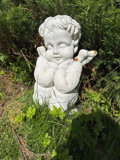 An outdoor, eye-level shot showcases a weathered, white cherub statue situated amidst lush green foliage and tall grass in a garden setting. The statue, appearing to be made of stone or concrete, depicts a chubby baby with closed eyes and hands clasped at its chest. Its wings are small and rounded. The statue is partially obscured by green leaves and tall blades of grass in the foreground and surrounded by dense green shrubbery in the background. Sunlight casts shadows on the grass, highlighting the texture of the vegetation. The scene is likely located in a residential garden or park area, given the presence of the statue and the natural landscaping. This scene could be located anywhere in Yesipovo, Russia, as the image does not provide specific geographical identifiers.