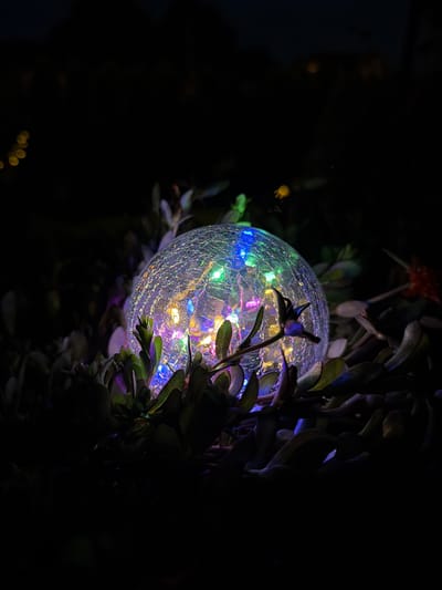 A cracked glass orb filled with multi-colored LED lights rests amongst dark green foliage. The orb is illuminated, casting colorful light onto the surrounding leaves, which appear to be purple and green due to the light. The background is entirely black, suggesting the image was taken at night or in a dark environment. There are no people or animals visible. The location is stated to be in the city of Uhornyky, Ukraine.