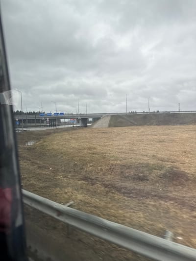 The image depicts a view from a moving vehicle, likely a car, on a highway near Kukushtan, Russia. The sky is overcast and cloudy. To the right of the frame is a grassy embankment with dry, yellowed vegetation. A guardrail is visible on the right, close to the vehicle. On the left, a highway overpass is present with traffic signs and streetlights. The area appears to be on the outskirts of the town, with some trees in the distance.