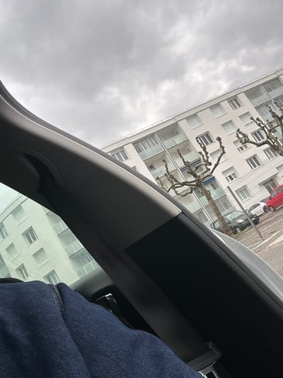 The image, captured from within a vehicle, displays an exterior scene in Bourg-lès-Valence, France, under an overcast sky. In the foreground, parts of the vehicle's interior are visible, including a dark gray A-pillar with an integrated grab handle, a segment of a light gray headliner, and a person's lower body clad in dark blue denim jeans, secured by a black seatbelt.
Through the vehicle's windows, the primary subject is a multi-story (at least six floors visible) white apartment building featuring numerous rectangular windows, many equipped with white exterior roller shutters, and multiple balconies with light-colored railings. Several bare, deciduous trees with gnarled branches stand between the building and a paved area. On the right side, a street or parking area shows multiple parked cars, including a red hatchback, a white hatchback, and a dark-colored sedan. A low metal fence or railing separates the parked vehicles from the immediate vicinity of the apartment building. Another, partially obscured and reflected building is visible in the vehicle's left window.