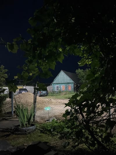 This is a nighttime, medium-distance, eye-level shot taken from behind foliage, looking towards a rural or semi-rural scene. In the midground, a light blue, single-story house with a dark roof is visible. It has two windows on the front facade, both illuminated from within with a warm, orangey glow. The house is situated on a slight incline.
To the left of the house, two dark-colored cars are parked. One car is closer to the foreground and appears to be a hatchback, while the other is further back and less distinct. Between the cars and the house is a pile of sandy soil or gravel. A chain-link fence runs across the midground, separating the viewer's perspective from the house and cars.
In the immediate foreground and framing the shot, dark green leaves and branches of trees or vines are prominent, obscuring parts of the scene. To the left of the fence, there is a dark-colored tire acting as a planter, filled with tall, green, sword-like plants. Beyond the fence and slightly to the right of center, a decorative garden light shaped like a glowing green flower is visible, illuminating a small circular area on the ground. The background is a dark night sky. The overall impression is one of a quiet, residential area at night, possibly in the city of Chashniki, Belarus, given the context provided.
