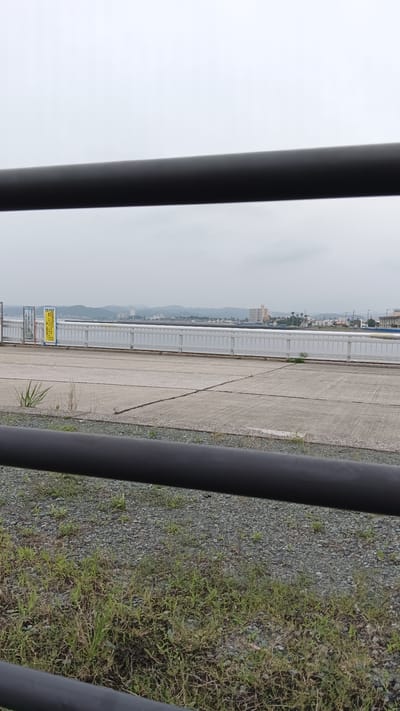 The image shows a view of a bridge or embankment in Tateyama, Japan. In the foreground, there are two thick black bars, obscuring parts of the scene. Beyond the bars, there is a concrete surface with visible cracks, likely a road or walkway. To the left of the concrete surface are two yellow and blue signs with Japanese text. Further back, a white railing runs horizontally across the frame, separating the concrete area from a body of water. Across the water, a city skyline is visible, with buildings of various sizes and distant hills under a cloudy sky. Some sparse greenery, including grass and weeds, is present on the gravelly ground in the foreground and along the edges of the concrete. The overall impression is an overcast day with a somewhat industrial or urban waterfront setting.