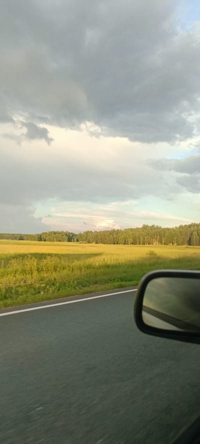 The image shows a view from a vehicle driving on a paved road, with a side mirror visible in the foreground. To the left of the road is a wide, grassy field that appears to be illuminated by sunlight, suggesting it is either early morning or late afternoon. A line of trees forms a distant horizon across the field. Above the horizon, the sky is filled with heavy, grey clouds that are beginning to break, allowing some lighter sky to be seen through them. The scene appears to be a rural landscape, possibly in the outskirts of Малышево, Russia, given the context. There are no people or animals visible in the image, and the focus is on the natural environment and the act of travel.