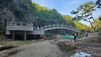 The image depicts a scenic outdoor location in Godang-ri, South Korea, featuring a pedestrian bridge spanning a shallow, rocky stream. To the left, a circular, elevated concrete platform with decorative railings overlooks the stream. Behind the platform, a steep, rocky cliff face is covered in lush green foliage. The bridge itself is arched and constructed from stone, with ornate railings matching those on the platform.

On the right side of the image, a dirt path with some stone steps leads uphill towards a wooden fence. A large, mature pine tree with distinctive branches leans dramatically over the scene from the upper right. Several people are visible: one person stands on the circular platform, another walks across the bridge, and a third individual, wearing a blue shirt, walks up the path on the right. Two young children, one in black and one in a light blue top, walk along the streambed in the foreground. In the background, beyond the bridge, there are some temporary structures and green tarps, suggesting ongoing construction or maintenance. The overall environment is a natural landscape characterized by trees, rocks, and water, under a clear blue sky.