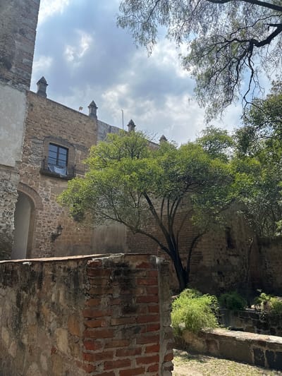 A low-angle shot captures the exterior of an old stone building with trees growing alongside it, possibly located in Tlalnepantla, Mexico. The building features a pointed roofline adorned with decorative spires. A dark-framed window is visible on the building's facade, which is constructed from uneven stones. A portion of the roof is covered by a tree with lush green leaves, partially obscuring the sky with white clouds overhead. The right side of the frame reveals a brick and stone wall, adding to the aged appearance of the setting. The scene conveys a sense of historical architecture blended with natural elements.