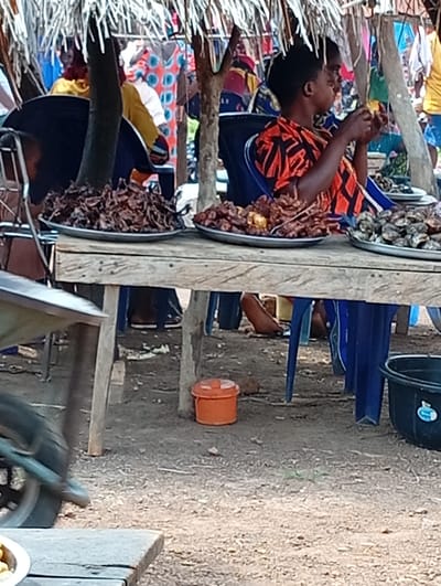 The image depicts an outdoor market scene in Tse Igbudu, Nigeria. In the foreground, a person wearing an orange and black patterned shirt sits on a blue chair, facing to the right. They are holding food in their hands and appear to be eating or examining it. In front of them, on a wooden table, are two platters of food: one with dark brown, dried items, and another with what looks like small, greyish shellfish. The table is supported by wooden legs. Behind the person, other individuals and various colorful fabrics are visible under a thatched roof. To the left of the table, part of a motorcycle wheel is visible. In the background, there are more stalls and people, suggesting a bustling marketplace. The ground is covered in dirt and scattered debris. To the right of the table, a large black tub is present.