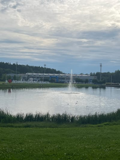 The image depicts a tranquil scene in the city of Boksitogorsk, Russia, likely taken from a park or recreational area. In the foreground, a lush green lawn dotted with small white wildflowers stretches towards a body of water. Tall, dark green reeds line the edge of the water, separating the grassy area from the lake. The lake itself is calm, with a fountain in the middle spraying water upwards, creating a gentle ripple effect on the surface. Several birds are visible on and flying above the water.
Across the lake, a large, white sign with red lettering spells out "Я ЛЮБЛЮ ЛЕНИНГРАДСКУЮ ОБЛАСТЬ" (I LOVE LENINGRAD REGION), with a red heart emoji in place of the word "LOVE." Behind the sign, a row of trees forms a dense green backdrop. Further in the distance, a modern-looking building with a blue and white facade and a sloped roof, likely a stadium or sports complex, is situated, with stadium lights visible on tall poles. The sky is overcast, with a mix of grey and white clouds, suggesting a mild, possibly humid day. The overall impression is one of a peaceful and scenic urban landscape.
