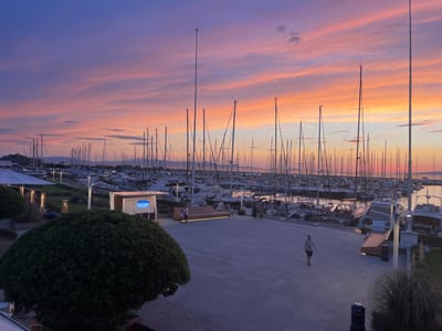 The image depicts a marina at Punta Ala, Italy, during a sunset. The sky is filled with vibrant hues of purple, pink, and orange, indicative of the twilight hour. Numerous sailboats and yachts are moored in the harbor, their masts creating a dense, vertical pattern against the colorful sky. In the foreground, a paved walkway leads towards the marina, with several people strolling or sitting in the open area.
Notable objects include a large, rounded shrub in the lower left corner, benches, and a digital information kiosk. The kiosk has text displayed on its screen, though the content is not clearly legible. A single person is walking on the walkway in the mid-ground, facing away from the camera. The overall atmosphere suggests a peaceful evening scene at a coastal resort. The weather appears calm, with no visible signs of rain or strong winds. The location is identified as Punta Ala, Italy.