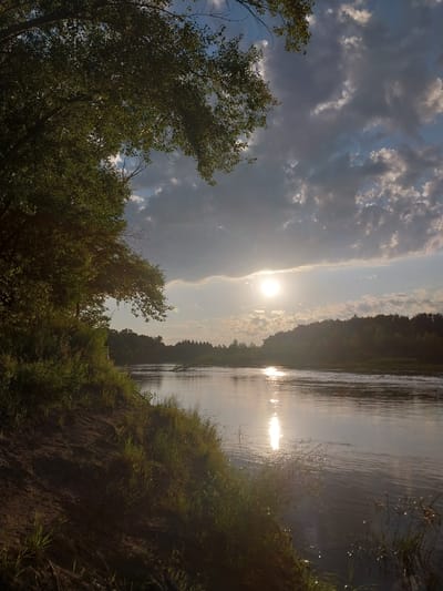 The image depicts a serene river scene at sunset, with the sun casting a shimmering reflection on the water. On the left bank, lush green vegetation and trees overhang the muddy embankment. The river flows towards a densely forested area on the opposite bank, silhouetted against the bright sky. The sky is a mix of blue and gray clouds, with the sun partially obscured by them. The scene appears to be a natural landscape, possibly a park or a rural area outside of the city limits of Chkalov, Russia, given the absence of urban structures and the emphasis on natural elements. There are no people or animals visible in the frame.