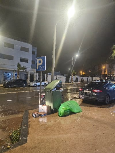 An outdoor nighttime scene depicts a street view. Streetlights illuminate the wet asphalt road. A green trash container overflows with garbage. A large green bag sits next to it. Parked cars line the street. A building and a parking sign are visible in the background.