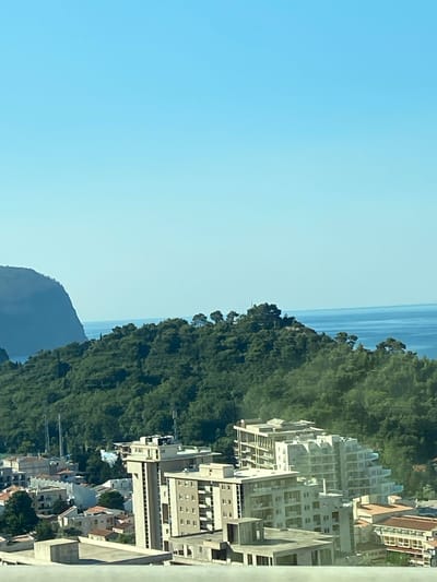 The image shows a coastal town with buildings and lush green hills. In the foreground, there are several multi-story buildings, some of which appear to be modern residential or hotel structures with balconies and large windows. One tall, slender building stands out with a prominent "AMI" logo on its side. The buildings are clustered together, with some older, more traditional structures mixed in.
Behind the town, a densely forested hill rises steeply, its green slopes dotted with trees. At the summit of this hill, there are scattered trees and what appear to be some small structures or antennas. Further in the distance, a larger, dark green mountain or cliff face juts out into the frame from the left.
The background is dominated by the tranquil blue sea meeting a clear, pale blue sky. The horizon is distinct, with the sea appearing calm and the sky cloudless. The overall scene suggests a Mediterranean or Adriatic coastal landscape, likely during daylight hours due to the bright, clear conditions. The presence of modern buildings alongside natural landscapes is typical of many coastal resort towns.