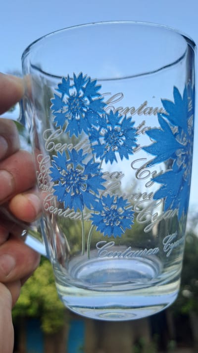 A close-up, side view captures a glass mug held by a person's hand. The mug is adorned with a repeating pattern of blue cornflowers and stylized script. The background shows a blurred outdoor scene with greenery and a bright, possibly sunny sky, suggesting daylight. The focus is on the mug, highlighting its decorative elements and transparency, with the hand providing a sense of scale and interaction. The overall impression is casual and observational, possibly a moment of appreciating the mug in an outdoor setting. The visible text on the mug appears to be cursive and difficult to decipher completely, but fragments suggest words like "Centaurea" which is the scientific name for cornflowers. The location context is Sülüktü, Kyrgyzstan.