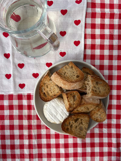 The image shows a close-up overhead shot of a rustic picnic setting. The background is a red and white checkered tablecloth. A white dish towel with red hearts printed on it partially covers the tablecloth. In the lower left corner, a clear glass pitcher, partially filled with liquid, is visible. A shallow gray bowl sits on the tablecloth and holds slices of toasted bread surrounding a small wheel of white cheese, likely Brie. The scene is brightly lit, suggesting an outdoor setting, though the location of Rautalakhti, Russia is not discernible from the image. There are no people visible.
