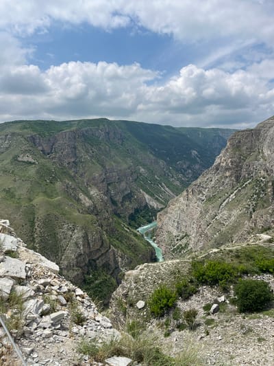 The image presents a high-angle view of the Sulak Canyon near Chirkey, Russia. A deep canyon is visible with steep, rocky slopes covered in sparse vegetation. A turquoise river flows at the bottom of the canyon. The sky is partially cloudy. The foreground shows rocky terrain, with some small plants growing among the rocks. A thin wire or cable is visible in the very bottom right corner, likely a safety measure along the cliff edge.
