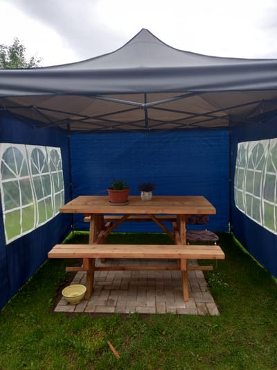 An outdoor picnic table and benches are set up under a dark blue canopy tent. The tent has clear plastic window panels on the sides, revealing green grass and trees outside. The picnic table is made of light-colored wood and has two potted plants on it: one with green foliage and another with purple flowers. A small yellow bowl filled with water sits on the stone paver ground beneath one of the benches. A single patterned chair is tucked partially under the table on the right side. The scene is illuminated by overcast daylight. The location is not specified within the image itself.