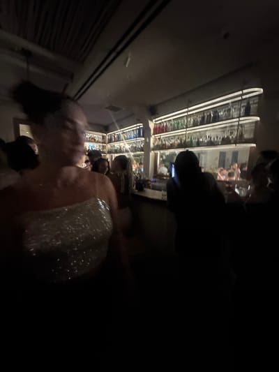 The image depicts an indoor scene, likely a bar or restaurant, with a crowd of people present. A woman in a shimmering dress is in the foreground, partially out of focus. Behind her, a bar is visible with shelves stocked with bottles. Several other patrons are seen in the background, some standing and some seated. The lighting is dim, contributing to a lively, albeit somewhat obscured, atmosphere. The environment appears to be a social gathering.
