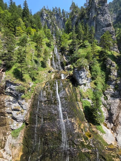 A majestic waterfall cascades down a steep, rocky cliff face. The water flows in multiple streams, some wide and powerful, others thin and wispy, creating a shimmering curtain against the dark, moss-covered rocks. Lush green trees and vegetation cling to the slopes, their branches reaching towards the sky. The sky above is a clear, bright blue. This waterfall is located in the municipality of Landl, Austria, a region known for its natural beauty and dramatic mountain landscapes.