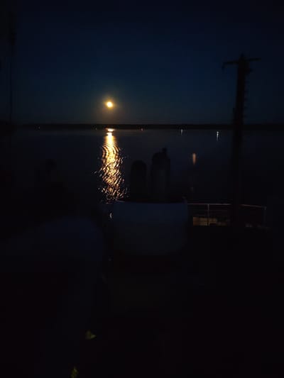 The image depicts a night scene, likely on a ship, with a body of water reflecting the light of a bright moon. A mast-like structure is silhouetted on the right. A white structure with dark shapes is present in the foreground. Based on the location Irdomatka, Russia, this is likely the Volga River. Other lights can be seen in the distance across the water.