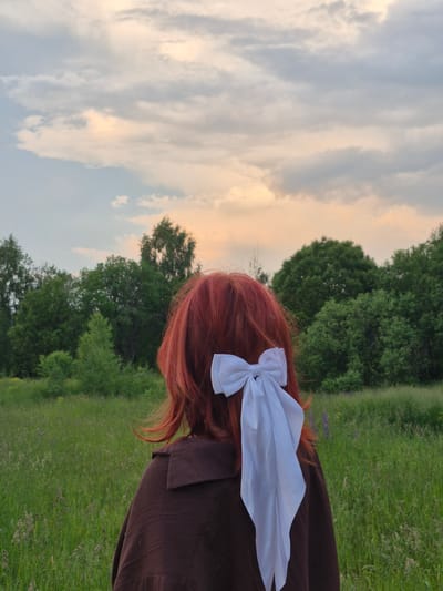 A person with vibrant red hair and a large white bow is viewed from behind, standing in a grassy field. The person is wearing a brown garment. The background consists of a line of lush green trees against a sky with soft, cloudy formations tinged with warm, sunset colors. The overall setting appears to be a rural, natural environment. The image does not provide any information about the city of Doinaya, Russia, or any specific location details.