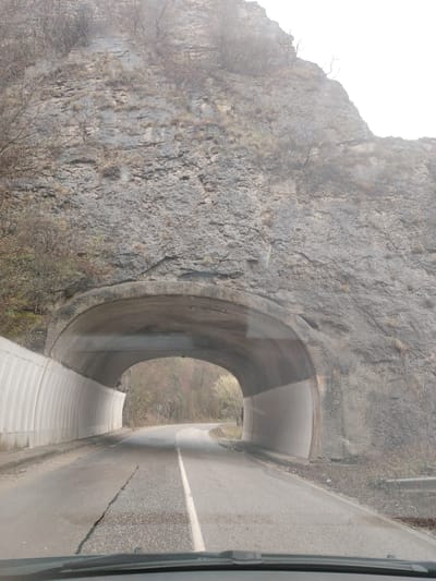 The image shows a road tunnel in Lyutibrod, Bulgaria. The tunnel entrance is carved into a large, grey rock face. The road inside the tunnel curves slightly and has a white center line. The tunnel walls are concrete and appear to be ribbed. The road surface is asphalt with some visible cracks. The sky is overcast and the surrounding vegetation is sparse, suggesting a cold or dry season. The image is taken from inside a vehicle, with a portion of the dashboard visible at the bottom. There are no people visible.