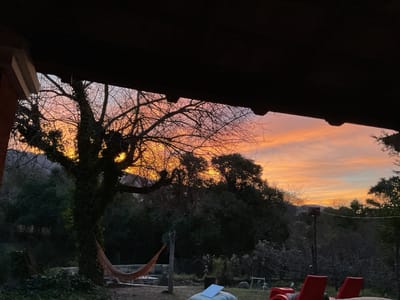 The image depicts a view of the sky at sunset, as seen from beneath a dark, overhanging roof or structure. The sky is filled with vibrant colors, ranging from bright orange and yellow near the horizon to softer pinks and purples higher up. Silhouetted against the colorful sky are the bare branches of a large tree in the foreground and the dense foliage of other trees and bushes in the background. A hammock, made of netting, is visible hanging from the tree. In the middle ground, there are hints of outdoor furniture, including two red lounge chairs in the lower right corner, and what appears to be a table or platform with a white object on it. The overall setting suggests an outdoor patio or garden area, possibly in a rural or semi-rural environment. The location is identified as El Rodeo, Argentina.