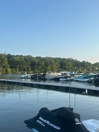 The image shows a marina on a lake in Algonquin, Illinois, USA. The sky is clear and blue. In the foreground, a jet ski cover with "Waverunner VX Series" and a Yamaha logo is visible. A dock extends into the water, with several boats moored alongside it. The boats are of various sizes and types, with some covered by tarps. In the background, a lush green treeline forms the shore of the lake, with some houses and power lines visible through the trees. The water is calm and reflects the sky and the surrounding scenery.