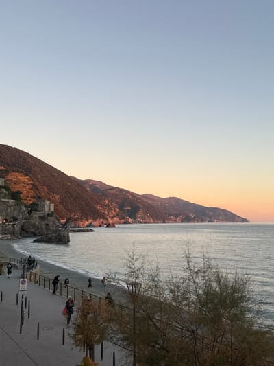 The image presents a coastal scene in Monterosso al Mare, Italy, viewed during a low-light period, indicative of either sunrise or sunset. The sky displays a gradient, transitioning from light blue in the upper portion to warm orange and pink hues near the horizon. The Ligurian Sea occupies the central and right, appearing calm with a silvery-grey surface reflecting the sky, and gentle wave activity on a pebbled beach.
In the mid-ground, a paved promenade runs parallel to the coastline. It is separated from the beach by a black metal railing and features several black bollards. A white circular sign with a red border and a diagonal line is mounted on a pole on the promenade. Approximately ten individuals are present: several are walking along the promenade, one person is notably dressed in a red garment and carrying a bag. Other individuals are visible walking on the pebbled beach closer to the water's edge.
To the left, steep, heavily vegetated mountains rise abruptly from the sea. Terraced cultivation is visible on the lower slopes, along with several stone buildings. A prominent historic tower-like structure is situated on a rocky outcropping extending into the sea, immediately adjacent to the beach. A short, rocky breakwater juts into the water beyond this outcrop. The mountainous coastline extends into the distance towards the right, appearing increasingly softened by atmospheric perspective. Sparse, bare-branched vegetation partially obscures the lower right foreground.