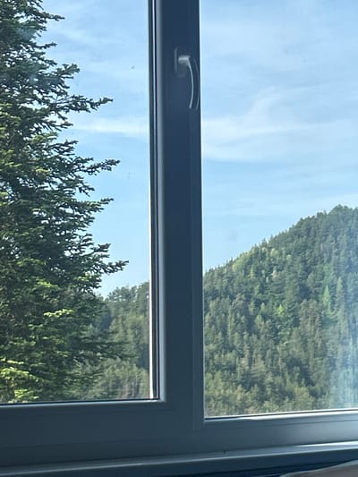 The image presents a daytime view captured through a dark grey or black window frame. The scene is divided horizontally by a central window bar, with a silver window handle visible on the upper section of this bar, positioned on the left.

In the upper window pane, the left side is dominated by a light blue sky with wispy white clouds. To the right, a dense, verdant forest or woodland slopes upwards, filling the remainder of the upper pane with the deep green hues of numerous coniferous trees. The tree line creates a sharp, diagonal boundary against the sky.

The lower window pane reveals another portion of the outdoors. The foreground of this section features the tops of dense, green coniferous trees, appearing closer and more detailed than those in the upper pane. Above these trees, a bright blue sky with subtle cloud patterns is also visible, mirroring the sky in the upper section.

A vertical window frame runs along the far right side of the image, further framing the natural landscape. The bright, clear sky indicates good weather conditions during the day. The scene depicts a natural, possibly mountainous or heavily forested area, consistent with the location of Pripek, Bulgaria. There is no visible text in the image.