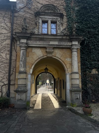 A stone archway, part of a historic building in Kliczków, Poland, serves as the central focal point. The archway is constructed from light-colored stone blocks and is flanked by two ornate columns with square bases. Above the arch, a frieze bears the inscription "CZESC PRZODOWON RACY. 11-1" in red lettering. Centered above the inscription is a decorative, two-paned window with reflections of bare tree branches and a blue sky. The building wall to the left of the archway is covered in dry, dormant vines, while the wall to the right is densely covered in vibrant green ivy.
The archway functions as a covered passage, revealing a paved path leading into the distance. Inside the archway, a dark, ornate lantern hangs from the vaulted ceiling. Beyond the archway, several indistinct figures, approximately four, are observed walking away from the viewer on the sunlit, paved path. The path is lined with bare trees on both sides, and sunlight creates distinct bright strips on the ground.
In the immediate foreground, the ground is paved with irregular dark flagstones. To the right of the archway, the ground is covered with light-colored gravel, beside which sits a terracotta pot containing purple heather. A small, dark green bush is visible on the left side of the archway's base.