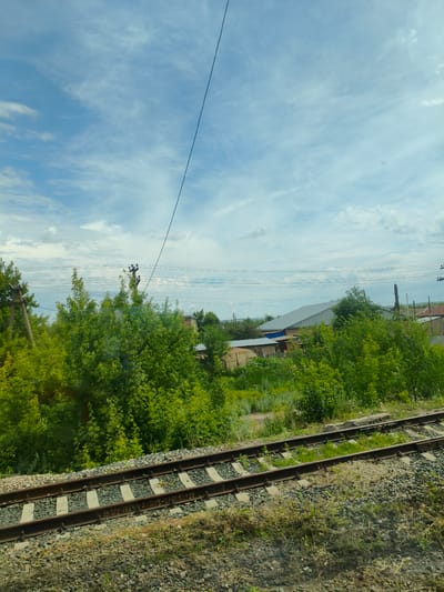 The image depicts a rural scene viewed from a moving train. In the foreground, a set of train tracks curves from the lower left to the upper right of the frame. The tracks are laid on a bed of ballast, with patches of dry grass and green shoots growing between the sleepers. Beyond the tracks, a dense expanse of lush green trees and vegetation dominates the middle ground. Several houses and buildings are visible through the trees, including a large building with a silver, gabled roof. Power lines and utility poles are scattered throughout the scene, indicating a developed area. The sky above is a bright blue with scattered white, wispy clouds, suggesting it is daytime, likely late morning or early afternoon. The overall impression is one of a peaceful, pastoral landscape under a clear sky. The location is identified as Buzuluk, Russia. No people are visible in the image.