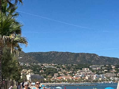 In Le Lavandou, France, on a clear day, a group of people stroll along a paved walkway lined with palm trees and other greenery. The walkway borders a body of water, likely the Mediterranean Sea, where a small harbor with boats and a beach with umbrellas are visible. Beyond the water and buildings, a lush green hillside is dotted with houses and hotels, rising to meet a mountainous backdrop under a bright blue sky with faint contrails. Several individuals are captured in motion, some walking towards the camera, others away, engaged in leisurely activity. The overall scene conveys a relaxed and sunny atmosphere typical of a coastal resort town.