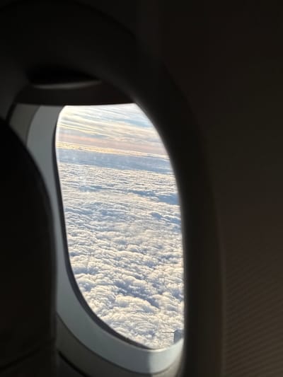 An image captured from the interior of an aircraft, viewing through an oval-shaped window. The dark, curved frame of the window occupies the foreground, partially obscuring the immediate cabin environment. Through the window, an extensive layer of white, textured clouds, consistent with stratocumulus, dominates the view, extending from below the aircraft to the distant horizon. The upper portion of the visible sky displays a gradient, transitioning from a light orange-pink near the cloud line to a pale blue overhead, with indistinct, high-altitude cloud formations present. A metallic structural element, identifiable as a portion of an aircraft wing or engine nacelle, is partially visible in the bottom right quadrant of the window's aperture. The scene is illuminated by natural light, suggesting either dawn or dusk. The aircraft's position is described as being above Hochheim, Germany. No human subjects or discernible interactions are present.