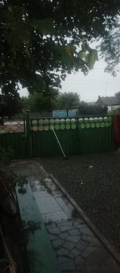 The image shows a gate with a circular pattern in what appears to be a residential area in Marinovka, Kazakhstan. The gate is made of dark green metal and has a fence with a decorative pattern of circles. To the left of the gate, there is a portion of a fence with a diamond pattern. Beyond the gate, there is a small building with a dark roof. In the foreground, there is a paved pathway leading to the gate, with some scattered gravel on the right side. A broom with a long handle is leaning against the gate. The lighting suggests it is either early morning or late evening, and the sky is overcast. There are trees visible in the background, and some foliage hangs over the top of the gate from a tree on the left.
