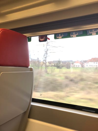 The image depicts a view from the interior of a train in motion, looking out through a window onto the landscape of Hochfelden, France.

In the immediate foreground, to the left, is the upper portion of a red-upholstered train seat headrest, connected to a light beige or white plastic seat back structure. Above the window, along the ceiling panel, several informational pictograms and text are visible. These include a circular red and white emergency symbol with a red lever and the text "ISSUE DE SECOURS" (Emergency Exit) directly below it. To the right of this, a series of three green and blue pictograms illustrate human figures, one with arms raised and another with flexed biceps. The train window occupies the central and right portions of the frame. Text visible on the window includes a reflection of "ISSUÉ DE SECOURS," "NOKIA," and "AGC."

Outside the train window, the scenery is horizontally blurred, indicating the train's movement. The environment outside consists of an open, grassy field with areas of brown or faded vegetation, suggesting an autumnal or winter season. Several bare deciduous trees and one conical evergreen tree are scattered across the landscape. In the middle distance, a collection of residential-style houses with various roof types (red-tiled, dark) and light-colored facades are visible. The sky is overcast and bright, with no distinct clouds or direct sunlight. No people are visible inside or outside the train.