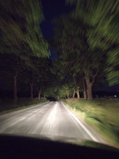 The image depicts a motion-blurred view of a road at night, likely taken from inside a moving vehicle. Tall trees with dense foliage line both sides of the road, their shapes distorted by the motion. The road surface is illuminated by headlights, creating streaks of light that extend into the distance. The sky is dark, indicating nighttime. The scene is devoid of any discernible people or specific identifiable structures. The overall impression is of a journey through a tree-lined road at speed in the dark. The location of Nevid, Czechia, is not visually represented in the image itself.