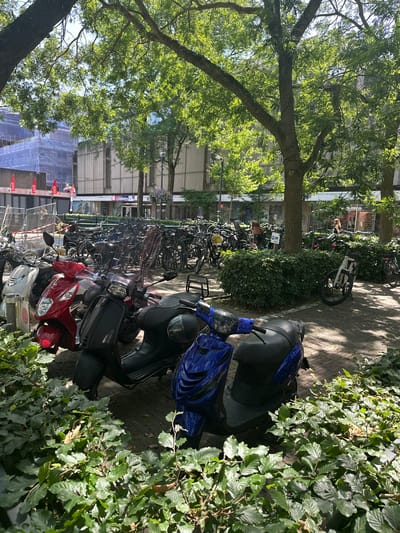 The image depicts an outdoor scene in a city, likely Zwolle, Netherlands, characterized by a parking area for motorcycles and bicycles under the shade of mature trees. In the foreground, a row of parked scooters is visible, including a red scooter, a black scooter, and a partially visible blue scooter. Behind these, numerous bicycles are parked in racks, forming a dense cluster. The ground is paved with brick.

In the background, buildings of varying architectural styles are present. One building appears to be under construction or renovation, covered in blue netting. Another building has a modern facade with large windows, and a sign that reads "Fietstalletje" is visible, indicating a bicycle shed. A few individuals are present in the scene, including a woman walking in the middle ground and another person in the far background near the buildings. The environment is lush with greenery, with large trees providing shade and smaller bushes lining the parking area and surrounding the paved space. The lighting suggests it is a sunny day, with dappled sunlight filtering through the leaves.
