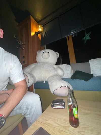 The image depicts an indoor scene at night in Pamporovo, Bulgaria. In the foreground, a partial view of a male subject is visible on the left, seated in a white short-sleeved t-shirt and light-colored jeans. He wears a red and white wristwatch and a silver bracelet on his left wrist. A light wooden table occupies the central foreground, displaying a black wallet with red accents and a clear glass bottle of "Fuze Tea" containing a dark red liquid and a black straw. Behind the table, a large, white teddy bear with dark brown paw pads and snout is seated on a blue upholstered bench. A tag is visible on the bear's lower left torso. To the right of the teddy bear, a dark green fabric item is draped on the bench, which is lined with grey and white fuzzy throw pillows. The bench is positioned against a large window fitted with dark blinds. A green star-shaped decoration hangs near the window frame. The background features dark wooden wall paneling with a multi-pronged coat rack and black electrical outlets. A wall-mounted light fixture with a spherical filament bulb illuminates the wooden paneling from above. The ceiling is dark, and the overall lighting is dim.