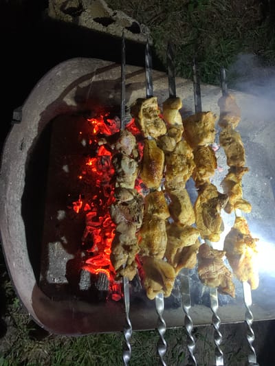 The image shows a close-up, overhead view of several skewers of marinated meat being cooked over glowing red coals in a tandoor. The tandoor is a large, round, stone oven, partially visible in the lower left and top of the frame. The meat, appearing to be chicken or pork, is cut into irregular chunks and threaded onto metal skewers, some of which have a twisted design. The meat pieces are golden brown and appear to be seasoned with herbs. Smoke rises from the cooking process, obscuring parts of the skewers and the background. The ground surrounding the tandoor is covered in dry grass, suggesting an outdoor setting. The overall lighting suggests it is either dusk or nighttime, with the primary light source emanating from the hot coals. The image does not depict any people or specific urban elements that would place it in the city of Tabagrebi, Georgia.