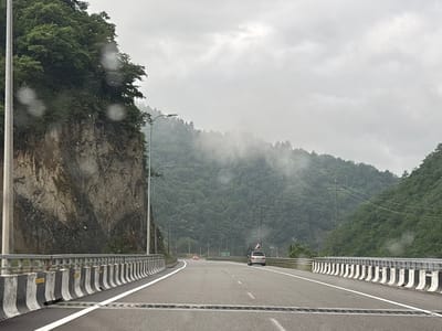 The image depicts a highway cutting through a mountainous region under a cloudy sky. On the left, a sheer rock face covered in dense green foliage rises sharply. A metal guardrail with alternating black and white concrete barriers lines the edge of the highway. Several streetlights are visible along the road. On the right, a similar guardrail runs parallel to the highway, and beyond it, a thickly forested mountainside is shrouded in mist. Two cars are visible on the highway; one a silver SUV further ahead on the right lane, and another red car further in the distance on the left lane. The road surface is asphalt with white lane markings. The overall impression is one of a scenic, but somewhat overcast, journey through a natural landscape. There is no indication of Grigalati, Georgia within the image.