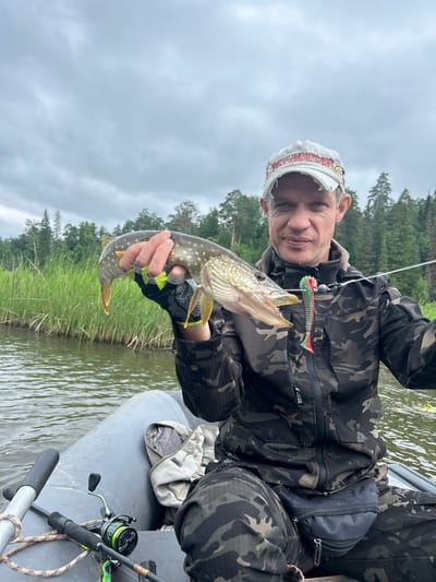 A man in camouflage clothing and a baseball cap sits in a grey inflatable boat on a body of water. He is holding a freshly caught pike, which is dangling from a fishing lure attached to a fishing line. The man is looking directly at the camera with his mouth slightly open. Behind him, tall green reeds line the shore, and a dense forest of trees stretches into the distance under a cloudy sky. On the boat floor, a fishing rod and reel are visible. The scene appears to be in a natural setting, likely a lake or river, in Detskii Dom (Bashenino), Russia.