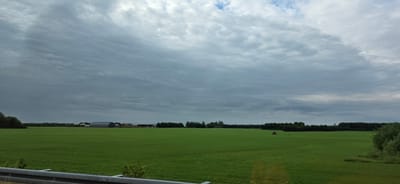 The image depicts a wide, flat expanse of green field under a heavily overcast sky, with a hint of blue visible in the upper left. On the left side of the field, a cluster of buildings, likely agricultural structures, are visible in the distance, including what appears to be a large, dark-colored barn or hangar. Further to the right, a red tractor is actively working in the field, leaving a visible trail. The field is bordered by a dense line of trees on the horizon. In the foreground, a grey metal barrier runs horizontally across the bottom of the frame. The overall impression is that of a rural or agricultural landscape in Vejen, Denmark, on a cloudy day.