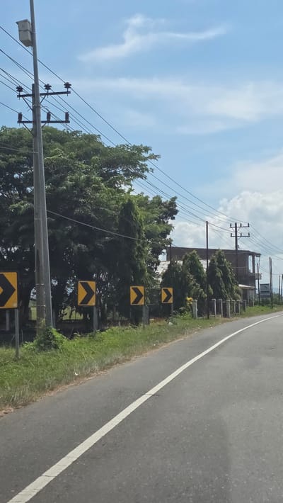 The image depicts a roadside scene, possibly within Jurong Pandee, Indonesia. A grey asphalt road with a single white painted dividing line runs along the right side of the frame. Adjacent to the road is a green grass verge, bordering a line of trees. Attached to the row of trees are yellow and black chevron signs warning of a curve in the road. Power lines run overhead, supported by grey metal poles. In the background, a building is visible, and the sky is blue with wispy white clouds.