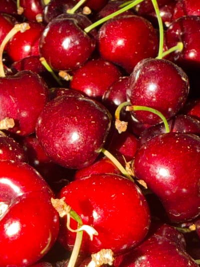 This media file is a close-up, high-angle shot of a pile of ripe cherries. The cherries are a deep, rich red color with subtle variations in shade. Many of the cherries have a glossy sheen, reflecting the light and highlighting their plump, rounded forms. Some of the cherries are still attached to short, thin green stems, and a few dried brown remnants of stems are also visible. The surface of the cherries appears to have a slightly textured quality, with tiny speckles or imperfections visible upon close inspection. The overall impression is one of freshness and abundance, with the focus solely on the fruit itself. There is no visible text in the image. The setting appears to be a simple, natural one, emphasizing the fruit's natural beauty without any distractions.