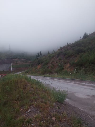 The image depicts a foggy, overcast day on a paved road that curves upwards along a hillside in Bordunskiy, Kyrgyzstan. The road is flanked by overgrown grass and sparse vegetation on the left, and a steep, vegetated slope on the right. The hillside is covered with a mix of green shrubs, dry grasses, and some scattered trees, with layers of earth visible in some sections. In the background, a large power transmission tower is faintly visible through the fog. Several small, triangular signs are also present on the hillside. The environment suggests a rural or industrial area, possibly a mining or construction site, due to the terraced earthworks visible on the left side of the road in the distance. There are no people visible in the image.