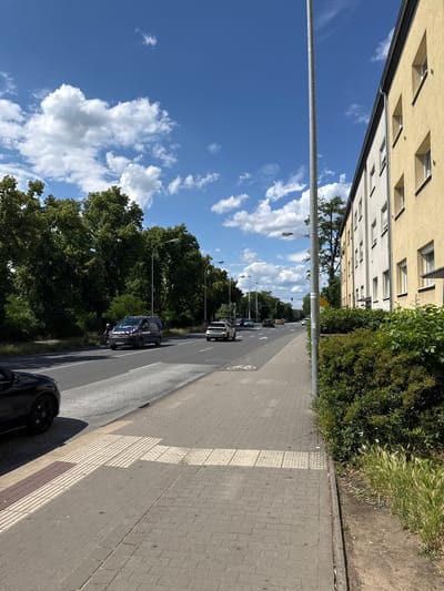 The image depicts a sunlit street scene in Darmstadt, Germany, on a clear day with scattered white cumulus clouds in a blue sky. The view is from a sidewalk, looking down a multi-lane asphalt road that curves slightly to the left in the distance.

In the foreground, the lower left quadrant shows the front-left portion of a black car. Adjacent to the road, a wide sidewalk paved with grey concrete pavers features tactile paving strips for visually impaired pedestrians: a light-colored ribbed guide strip, sections of studded attention patterns, and a darker brown strip. Further down the sidewalk, a white bicycle symbol indicates a dedicated bike lane.

On the left side of the road, a dense line of tall, mature deciduous trees with green foliage forms a natural boundary. Moving traffic is visible on the road. Prominently, a dark blue Volkswagen Transporter van with "DA-M 9360" license plates (indicating Darmstadt) is in the middle-left lane, heading away from the viewer. The van has amber warning lights on its roof and distinct red and white diagonal striped markings on its side, characteristic of German police or municipal service vehicles. A person on a bicycle is positioned next to the van on the left side. Several other vehicles, including a white SUV and a yellow vehicle, are visible further down the road.

On the right side of the image, a tall, slender, grey metallic pole (likely a streetlight pole) stands prominently in the mid-ground. Behind this pole, a row of multi-story residential buildings lines the street. The closest building section is light yellow, followed by a white section, both featuring multiple white-framed windows and visible rain gutters. In front of the buildings and along the sidewalk, a dense green hedge or bush line runs, partially obscuring the building foundations. Beyond this hedge, a strip of natural ground with green grass and weeds is visible. Streetlights are present along both sides of the road, extending into the distance, where a traffic light pole is also discernible. A faint airplane contrail is visible in the upper right sky.