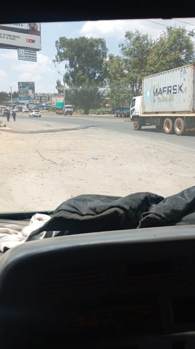Captured from inside a vehicle, the image reveals a bustling roadside scene. A Maersk container truck dominates the view, moving right. In the background, other vehicles and pedestrians traverse the road. A sign advertising "UDV" is visible, with telephone numbers, alongside other billboards. The landscape is marked by sparse vegetation and arid ground. The interior of the vehicle is partially visible at the bottom of the frame, showing the dashboard.