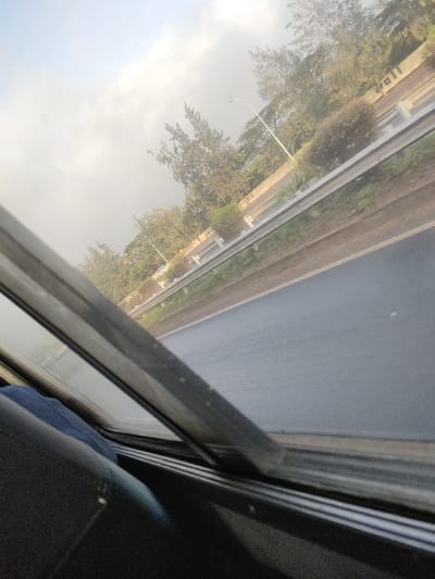 The image presents a tilted, exterior view captured from inside a moving vehicle, looking out a side window. The lower left foreground reveals a dark vehicle interior, including a seat and a segment of blue fabric, with the dark grey window frame diagonally dissecting the composition. Outside the vehicle, a dark grey asphalt road occupies the mid-right. A metallic guardrail separates the road from a landscaped embankment. Behind the guardrail, a light-colored retaining wall is visible, featuring white painted text; the word "Wall" is clearly identifiable on the right portion, and fragmented letters resembling "pai" or "pan" are visible further left. The embankment is densely covered with various trees, including some with needle-like leaves, and bushes. A tall street light pole with a luminaire extends upwards on the left side of the road. The sky, visible in the upper portion, appears overcast with diffused light. No individuals are directly visible in the exterior scene. The scene is located in Theta ward, Kenya.