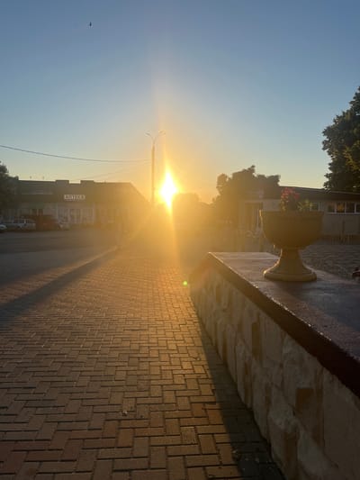 In the city of Dubăsari town council, Moldova, a sunset casts long shadows across a paved sidewalk. The sun, a brilliant white orb, is positioned in the upper center of the frame, its rays beaming downwards and to the left, creating a lens flare effect. Buildings line the street, some with awnings and visible signs, including one that reads "АПТЕКА" (APTEKA, meaning pharmacy). A street lamp stands near the center, illuminated by the setting sun. Cars are parked in front of the buildings. In the foreground, to the right, is a stone planter with a decorative base, holding a small plant with red flowers. The sidewalk is made of interlocking bricks laid in a herringbone pattern. Two birds are visible in the sky. The overall scene depicts a street in a town during sunset.