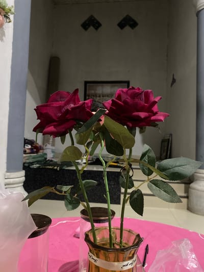 The image depicts an indoor scene featuring two artificial dark red roses in a vase. The roses have green stems and leaves. The vase is gold-colored and has a decorative ribbon with the inscription "Just for you" in cursive. The vase sits on a pink surface, possibly a tablecloth. In the background, there is a wall with decorative diamond shapes, and further back, a framed picture is visible. To the left of the roses, part of a white column and a plastic bag are present. The overall setting appears to be a room, possibly a living area or a dining room, within a residential context. The lighting suggests it is either evening or an interior space with artificial light. The location is identified as Meunasahlhok, Indonesia.
