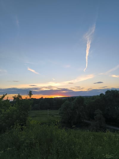 The image depicts a rural landscape at dusk, likely in or near Uzunovo, Russia. The sky is a gradient of soft blues, oranges, and pinks, with a distinct contrail stretching diagonally across the upper portion. Below the sky, a dark line of trees marks the horizon, with hints of rolling hills beyond. In the foreground, tall, green grass and foliage dominate, with a few scattered trees. The overall scene is serene and natural, with no visible signs of human activity or structures, other than a single utility pole visible in the mid-ground. The lighting suggests either sunrise or sunset, with the sun low on the horizon and casting a warm glow.